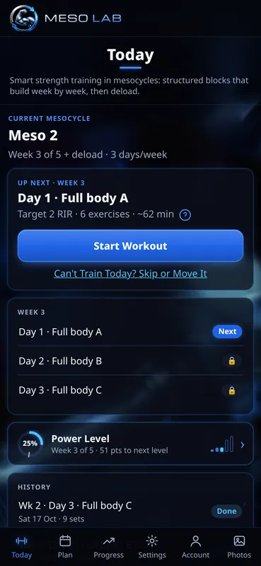 MesoLab Today screen showing Meso 2, Week 3 of 5, the next workout with a 2 RIR target and a Start Workout button