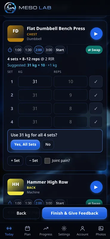 Prompt asking Use 31 kg for all 4 sets? with Yes, All Sets and No
