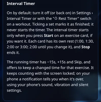 In-app guide section titled Interval Timer explaining how the rest timer works