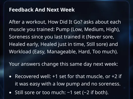 In-app guide section Feedback And Next Week explaining how answers change next week's sets